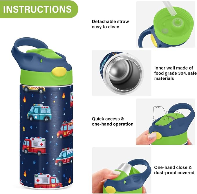 Boccsty Cartoon Ambulance Car Kids Water Bottle with Straw Lid Firefighter Fire Truck Insulated Stainless Steel Reusable Tumbler for Boys Girls Toddlers 12 oz Green