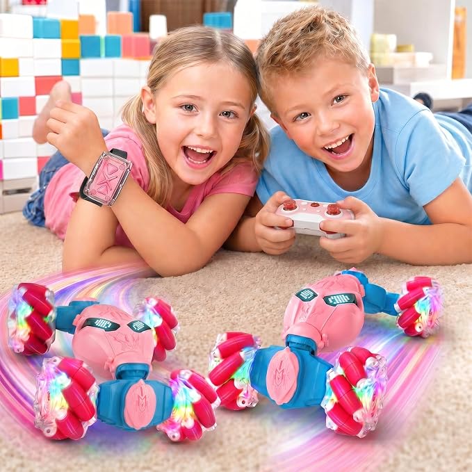 Uucoco Pink Rc Gesture Sensing Stunt Car Toys for Girls 3-12 Years Old, Drift Hand Control Remote Control Cars with Light & Music, 2.4Ghz 4WD 360°Rotation Double Side Cars Birthday Gifts for Kid