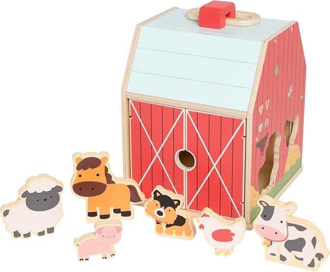 Pearhead Farm Animal Shape Sorter – Wooden Barn with 6 Chunky Animal Blocks, FSC-Certified, Flip-Up Roof & Carrying Handle, Montessori Pretend Play Toy for Boys and Girls, 2 3 4 Year Old