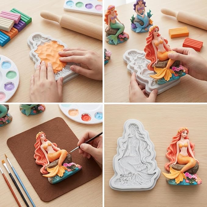 Mermaid Polymer Clay Mold Mermaid Girl Silicone Molds for DIY Crafts Epoxy Resin Casting Polymer Clay Tools Craft Air Dry Jewelry Making