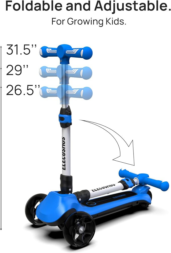 ELECOSMOS Kids Electric Scooter for Age 4-9, Light Up 3-Wheeled Scooter with Big LED Wheels, Wide Flashing Deck, Adjustable Height