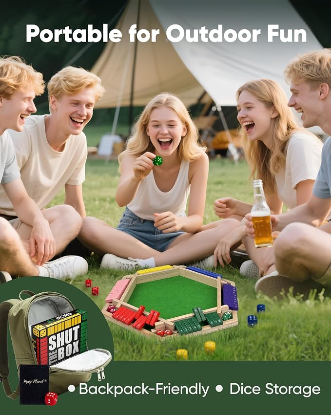 Original Classic 2-6 Player Shut The Box Game, Math Dice Board Game for Family Night Classroom Travel, Wooden Classic Table for Group Kid Adult Senior Camp Party Bar Easy Quick and Fun