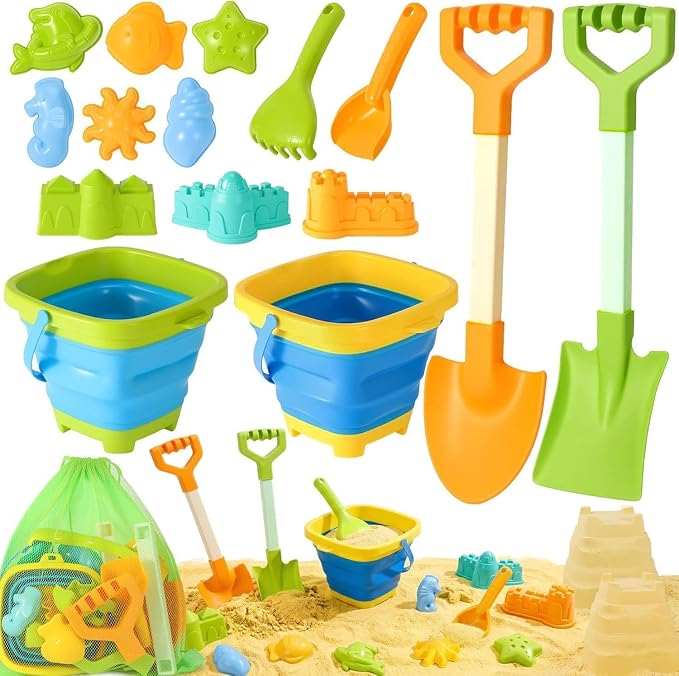 HUITEM Beach Sand Toys for Kids with 20 in Long Beach Shovels, 2 Collapsible Bucket, Sand Castle Building Kit, Sand Molds, Mesh Bag, Travel Sandbox Toys Beach Essentials for Kids Age 3-10