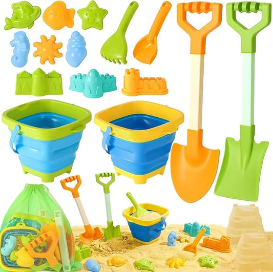 HUITEM Beach Sand Toys for Kids with 20 in Long Beach Shovels, 2 Collapsible Bucket, Sand Castle Building Kit, Sand Molds, Mesh Bag, Travel Sandbox Toys Beach Essentials for Kids Age 3-10