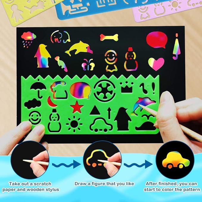 RMJOY Rainbow Scratch Paper Art for Kids: 50PCS Magic Arts Crafts Gifts Toys for Girls Boys Ages 3-12 Games Activities for Birthday Party Family Day Classroom Prizes Easter Basket Stuffers(Boys)