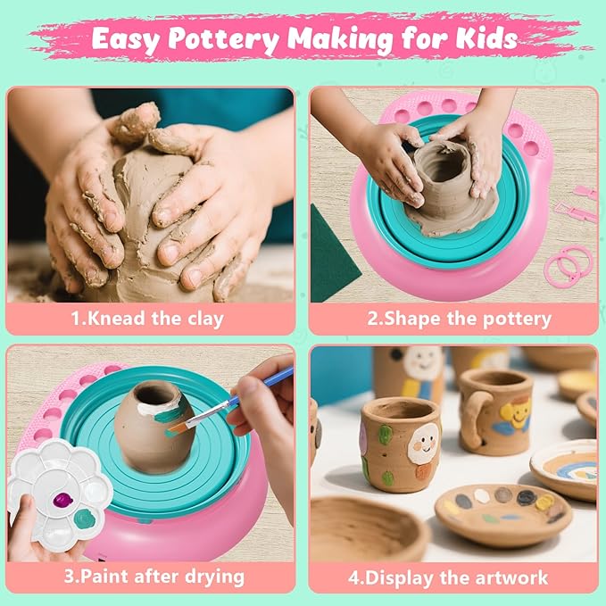 Pottery Wheel for Kids with Complete Clay Kit,Beginner Pottery Painting Set with Air Dry Clay,12 Paints,Sculpting Tools,Apron and Guide,Arts and Crafts Christmas Birthday Gift for Girls Boys Ages 6-12