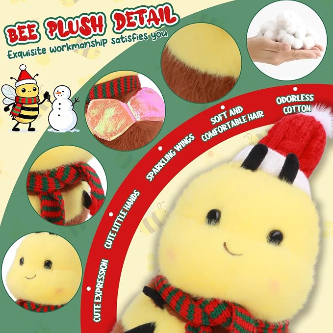 Christmas Bee Plush Toy - Chubby Cute Santa Bee with Knitted Hat & Scarf, Festive Stuffed Animal for Kids & Adults, Perfect Decor (8 inch)