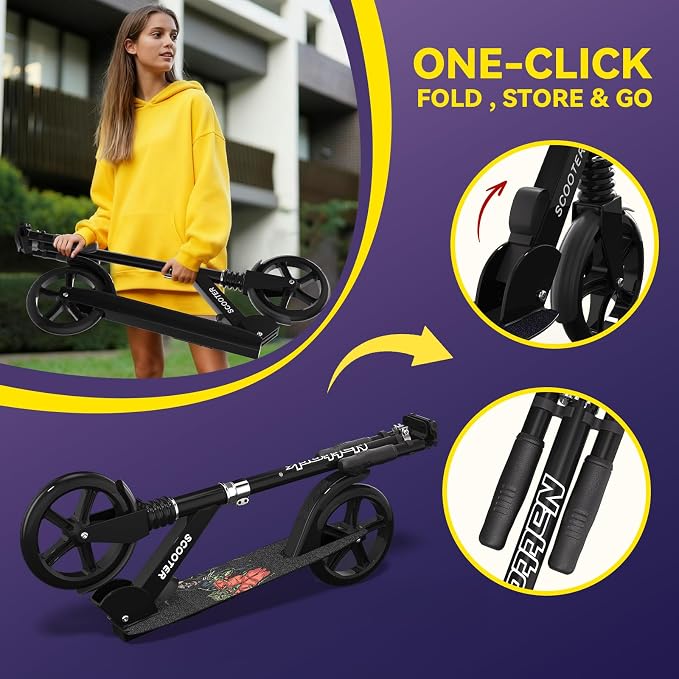 Nattork Kick Scooter for Age 6+ Kids Teens Adults, Max Load 240 LBS, Adjustable Height Foldable with 8" Large Wheels, Anti-Shock Suspension