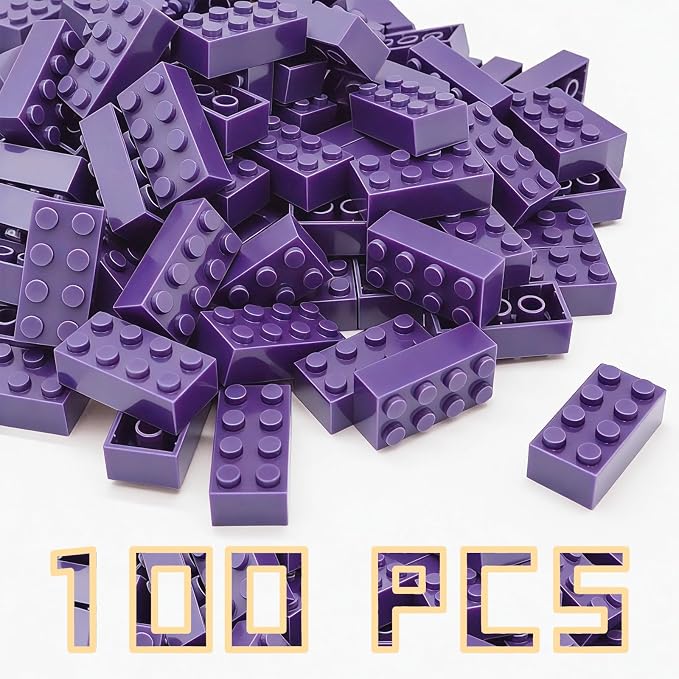 Classic Building Brick 2x4 100 Pieces, Compatible with Lego 3001 Bulk Block Set, Creative Building Toy DIY, Suitable for Boys Girls and Teenagers Aged 6+ (Purple)