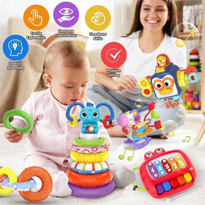 usrela 4 in 1 Baby Toys for 12 18 Month, Learning Toys for Babies 12-18-24 Months, Busy Cube, Stacking Sorter, Piano Xylophone Pull String Travel Toy, Birthday Gifts for Toddlers 1 2 Years Old
