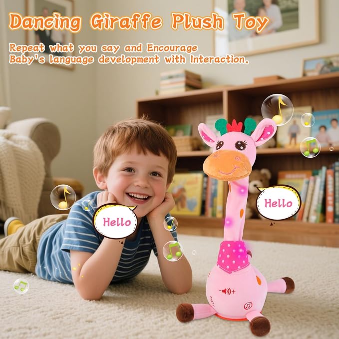 LUKETURE Dancing Talking Singing Pink Giraffe Toy Stuffed Plush, Interactive Stuffed Animal Toy, Musical Giraffe Plush with Record & Repeat, Sings 10 Songs, LED Lights