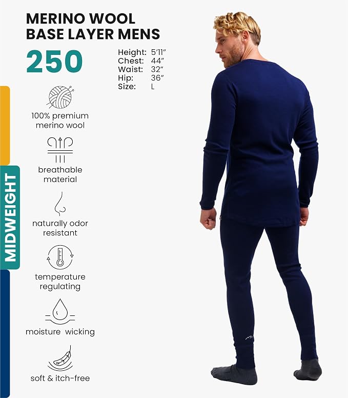 Merino.tech Merino Wool Base Layer Mens Set - Heavyweight, Midweight, Lite Merino Wool Thermal Underwear For Men Top, Bottom