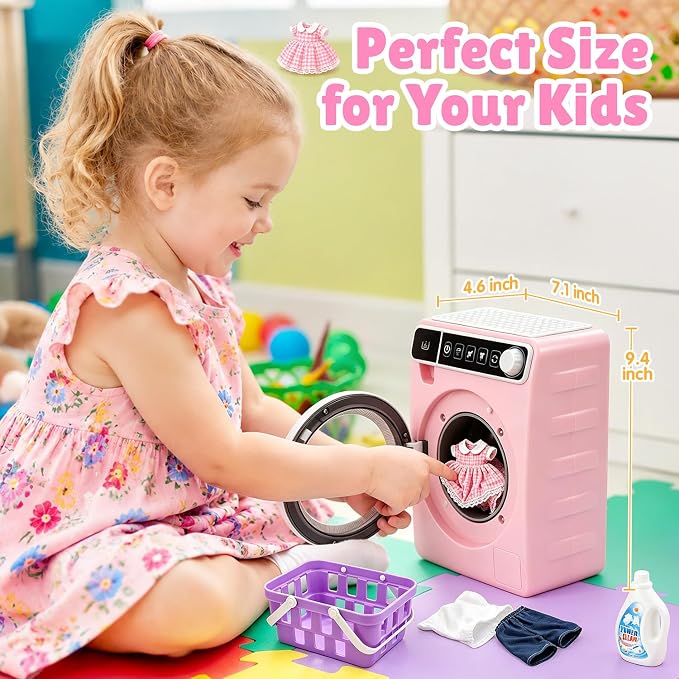 Kids Toy Washing Machine, Realistic Pretend Play Appliance for Girls, Interactive Toy Dollhouse Furniture, Play Washer and Dryer Playset with Spinning Drum (Pink)