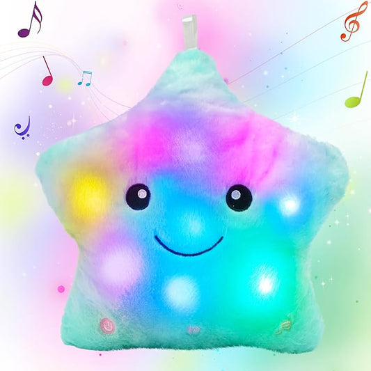 13" Musical Green Star Plush Pillow Glowing Twinkle Night Light Stuffed Animal LED Toys Adjustable Volume Birthday for Girls Boys