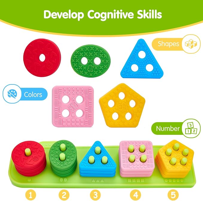 hahaland Silicone Sorting & Stacking Toys Toddlers 1-3 - Montessori Sensory Toys for 1 Year Old, Textured Soft Blocks for Shape & Color Sorting Learning Baby Toys 1 Year Old Boy Gifts Girl Sorter Toy