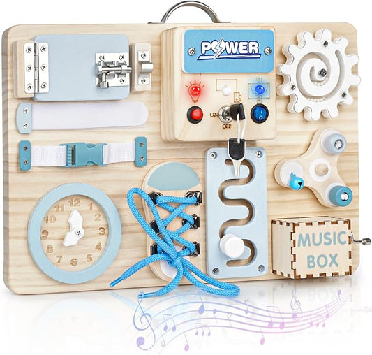 Joyreal Wooden Busy Board for Toddlers, 10-in-1 Montessori Sensory Toys with Music Box, Activity Learning Board with Door Hidden Mirror, Educational Travel Toy for 1 2 3 Year Old Boys Girls