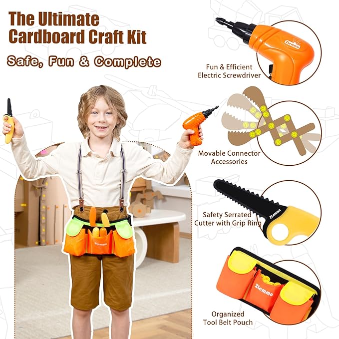 Kids Cardboard Construction Tool Set with Electric Drill & Tool Belt -258PCS, STEM Building Kit for Creative Craft Projects, Educational DIY Engineering Toy for Boys & Girls