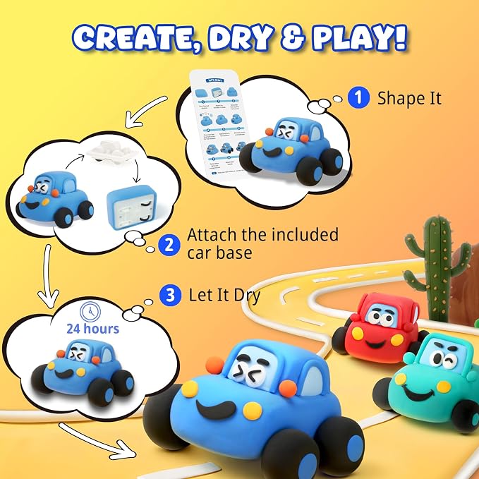 Air Dry Clay Kit for Kids - Pull Back Car Making, 3 Boxes Modeling Clay with Sculpting Tools, Base, Backing Board, Tutorial, Ultra Light & Soft, Non-Toxic & Safe, Creative DIY Arts and Crafts Toys