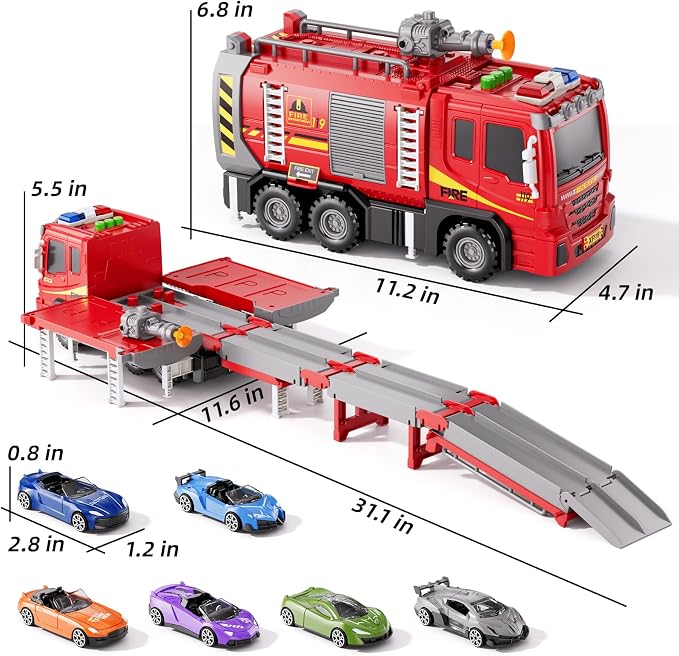 Fire Trucks Toy Set for Boys Age 3-5 4-7, Fire Car Truck for Toddlers 3 4 5 6 Years Old, Transport Truck Christmas Birthday Gifts Race Car Sets, Kids Toddlers Firetruck Toys with Light Sound Shooting