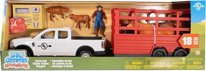 Big Country Toys: Truck & Cattle Trailer Adventure - 18pc Farm Toy Playset, Light-Sound White Pickup, Articulated Animals & Rancher Figure, Kids 3+