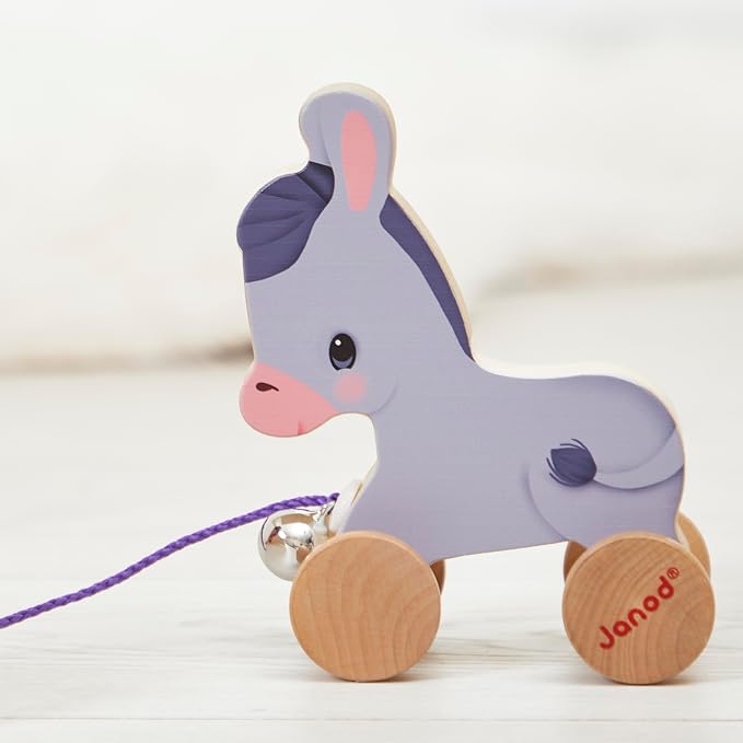 Janod - Wooden Donkey with Bell - Pull and Push Activity Toy - Learn Motor Skills and Imagination - 50cm String Suitable for Little Hands - from 12 Months, J03323