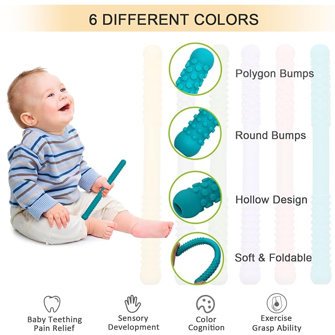 Hollow Teething Tubes Toys for Babies Girls Boys, 6 Pack Silicone Baby Teether Toy Tube for Infants with Nursing Biting Chewing, Chew Straws for Toddlers 6-12 Months (Style B)
