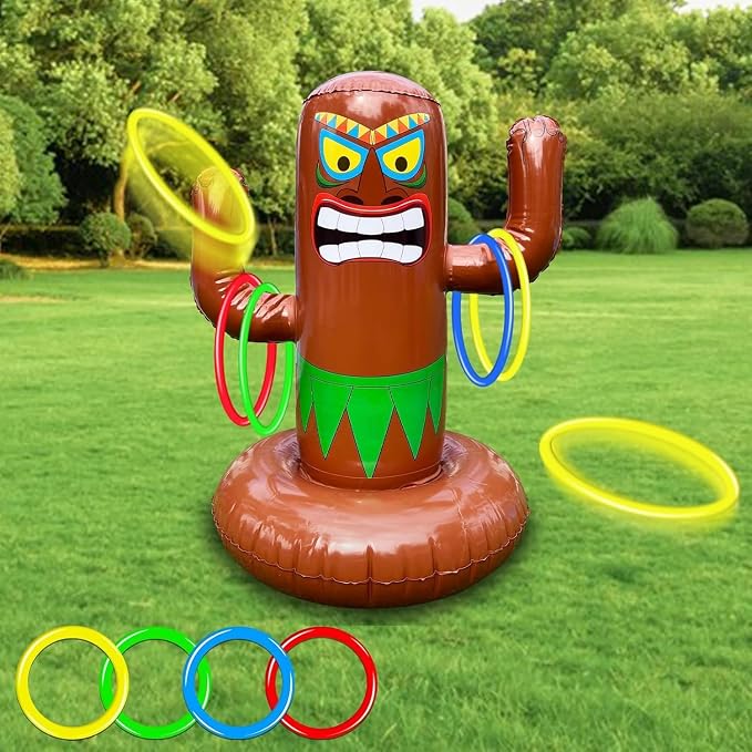 27" Inflatable Luau Tiki Pool Toss Games, Tiki Pool Ring Toss Toys with 4 Rings for Adults Indoor Outdoor Tropical Summer Swimming Inflatable Bean Bags Toss Hawaiian Luau Party Supplies