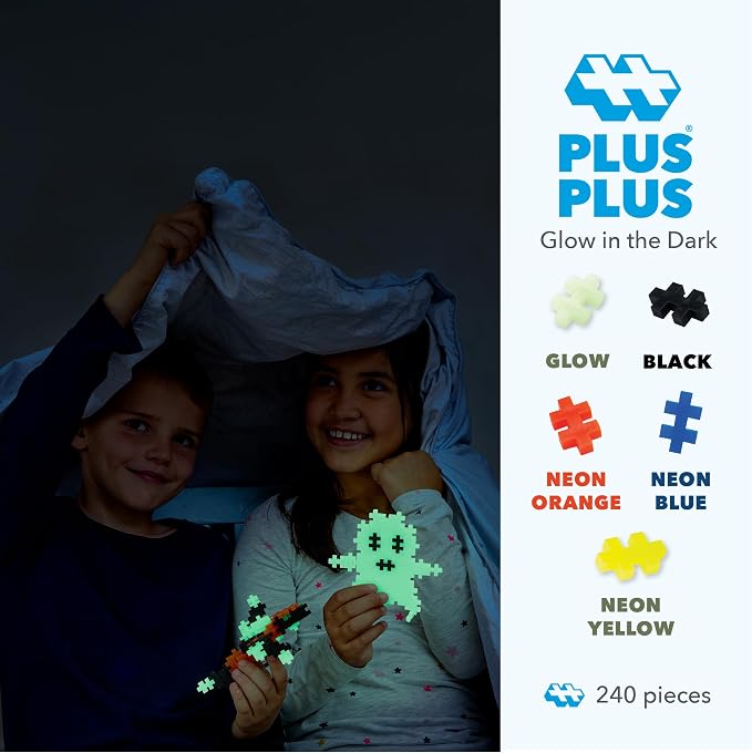 Plus-Plus: Open Play Tube - Glow-In-The-Dark Mix - 240 Pieces - Construction Building STEM Toy, Interlocking Mini Puzzle Blocks, Activity Kids Age 5+