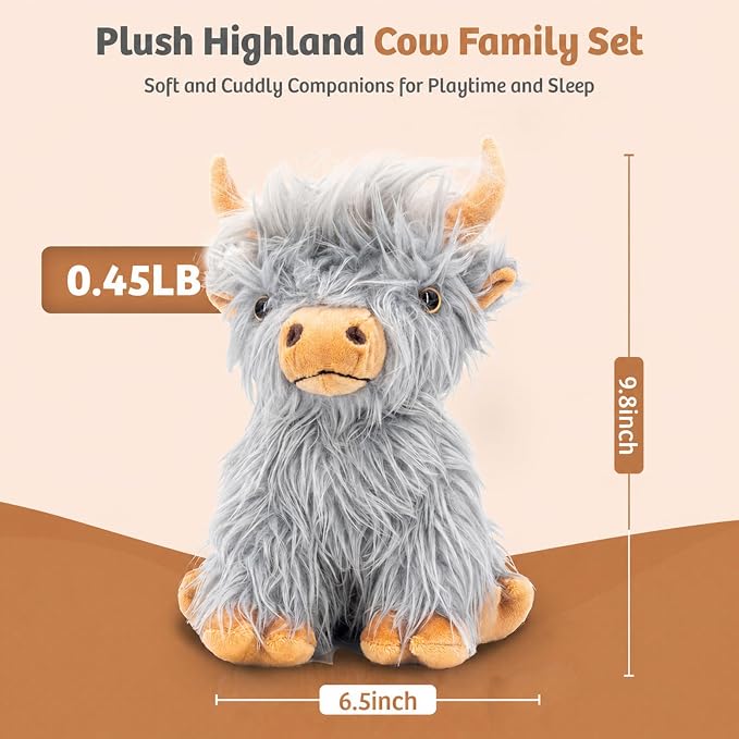 Marysun Highland Cow Stuffed Animal Toy Non-Microwavable Gray Stuffed Animal Gift for Girls and Kids, 9.8in, 0.5lb