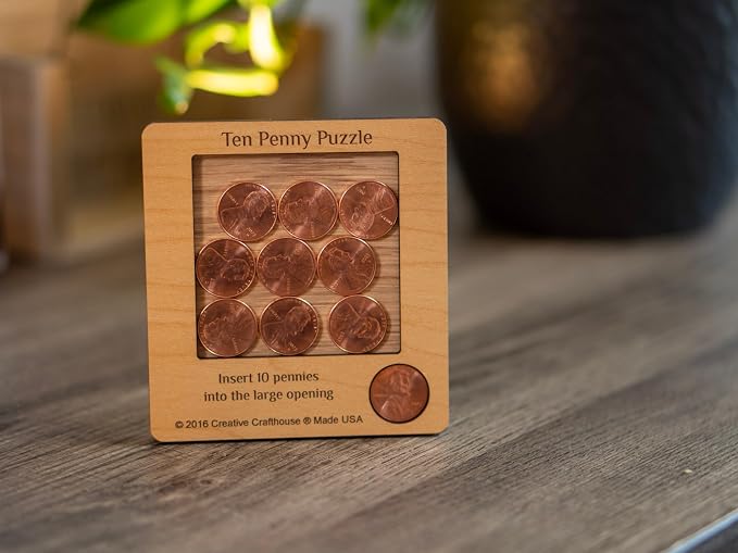 Creative Crafthouse 10 Penny Puzzle, Wood Coin Brain Teaser for Adults | Pack every penny flat into the tray. A coffee table and executive office challenge, gift ready for collectors