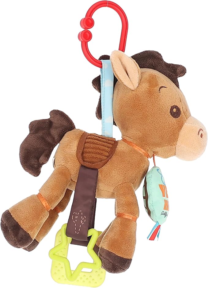 Disney Toy Story Bullseye Activity Toy – Plush Baby Sensory Toy with Teethers, Rattle, Crinkle Textures and On the Go Clip for Infants and Toddlers
