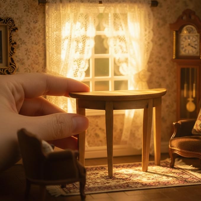 Miniature Half Moon Table Dollhouse Furniture 1/12 Scale for Living Room Bedroom Hallway, Entrance, Small Spaces, DIY Doll House Accessories (Woody)
