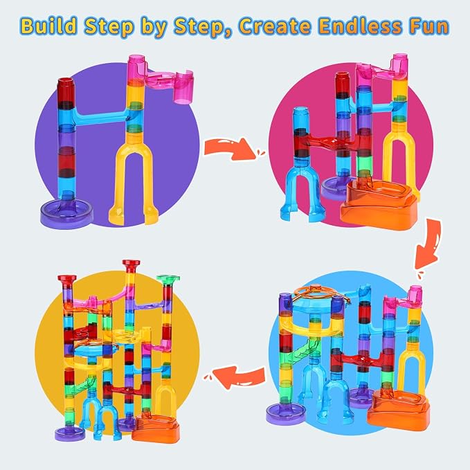 EagleStone 79PCS Transparent Marble Run STEM Maze Building Toy Play Set | 49 Track Pieces With Glow-In-The-Dark Glass Marbles, Building Toy For Kids Ages 3-12, Educational Gift For Boys And Girls