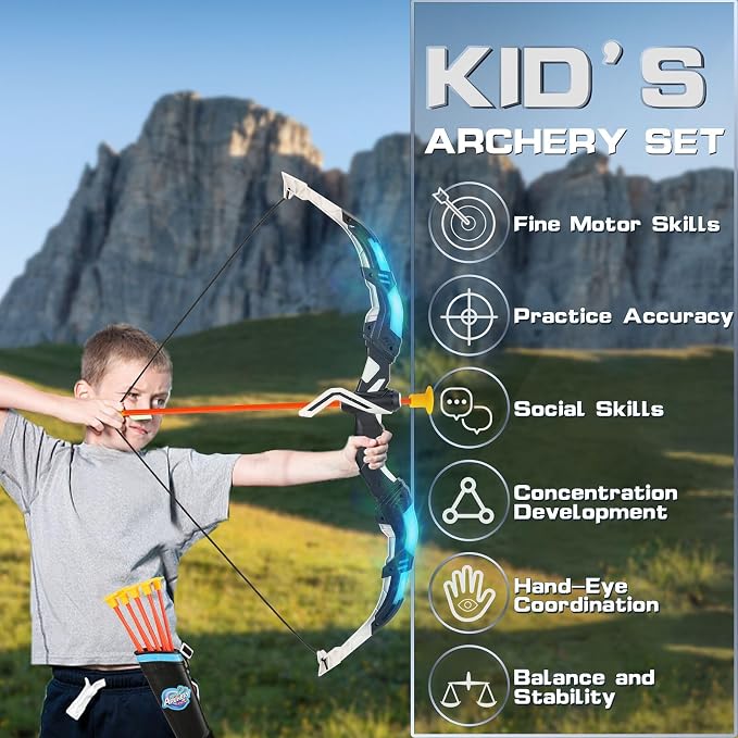 Bow and Arrow Set for Kids, 2 Pack LED Light Up Archery Set with 20 Suction Cup Arrows, Indoor and Outdoor Toy for Boys Girls Age 4-8 8-12 with Standing Target&2 Quivers, Birthday Gift 3-12 Years Old