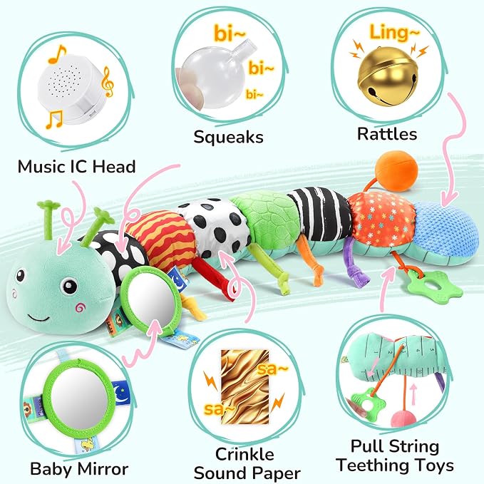 AWOTOY Baby Toys Sensory Music Caterpillar Stuffed Animals Infant Toys,Blue | Teething Toys 0-3-6-12 Months Tummy Time with Mirror Crinkle Rattle&Pull String for Newborn Boys Girls Shower Gifts Birthday