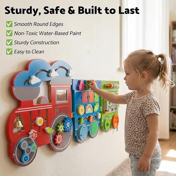 WOODENFUN Wooden Activity Wall Busy Board for Toddlers, 17 in 1 Train Montessori Sensory Wall Panel with Bead Maze, Baby Activity Center Learning Toys for Boys Girls