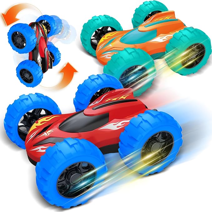 2 Pack Car Toys for 3 4 5 Years Old Boys, Sturdy Friction Powered Monster Truck Toys, Double-Side Stunt Vehicles, Push and Go Cars, Sand Toy, Easter Christmas Birthday Gift for Boys Girls Kids Toddler