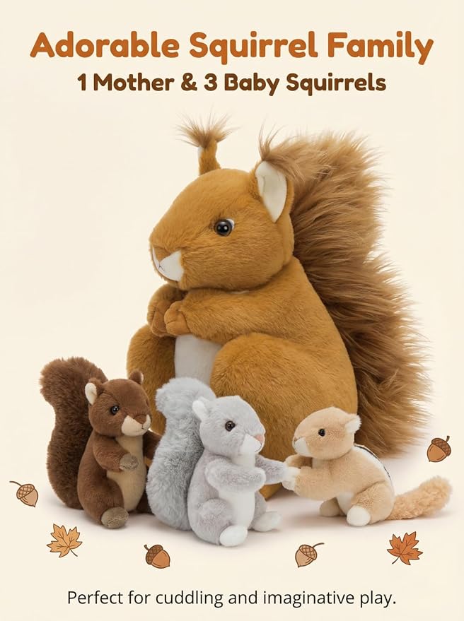 MaoGoLan 4Pcs Squirrel Plush Toys with 3 Baby Squirrels, Realistic Mother Squirrel Stuffed Animal Set, Soft Brown Woodland Animal Plushie Gift for Kids, Girls, Boys & Forest Animal Lovers