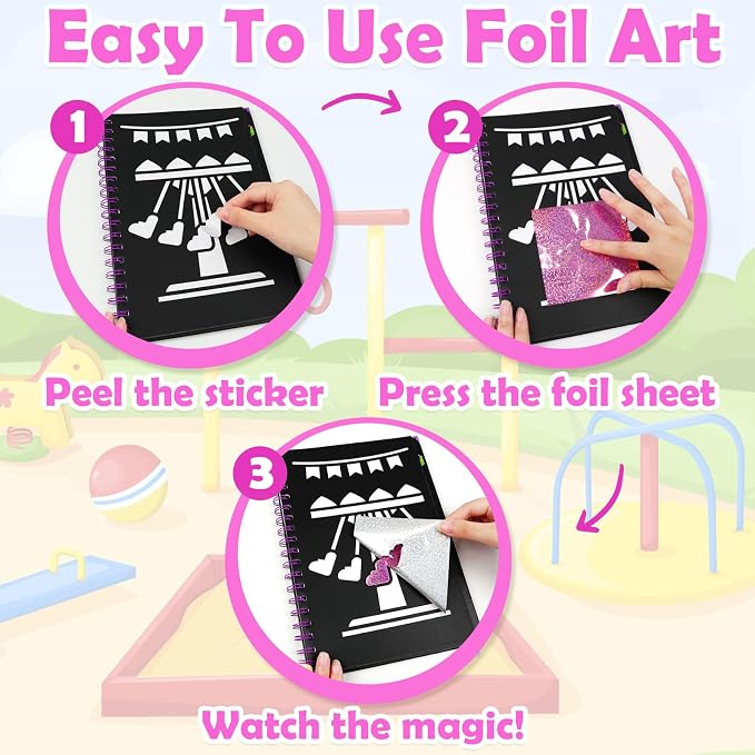 FUNNYB&G Foil Art Craft Kit for Girls 4-10 Years Old: Mess-Free & No-Glue, Create 16 Sparkly Amusement Park Pictures – Perfect Travel Toy & Birthday Gift for Kids （Amusement Park）
