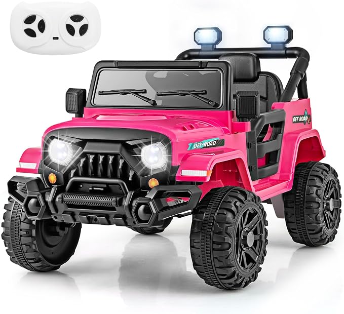 Costzon 12V Kids Ride on Truck Car, Electric Vehicle w/Remote Control, Threaded Wheels, 3 Speeds, LED Lights, Music, Horn & Wireless Connection, Ride on Toy for Boys & Girls 3+ (Hot Pink)