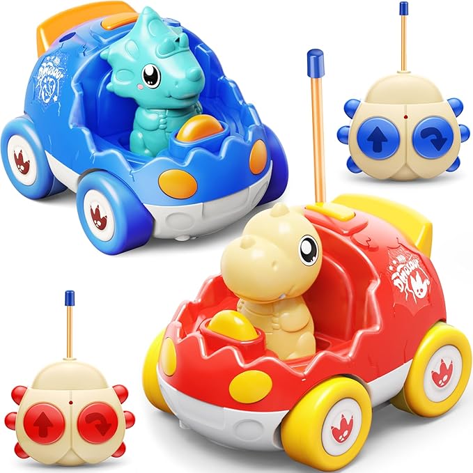 Kidz do 2 Pack Dinosaur Remote Control Cars Toys for Kids 2 3 4 5 Years Old, Christmas Birthday Gifts for Boys and Girls Ages 2-5, Dino Race Car Toddlers Toys with Music and Light(Red Blue)