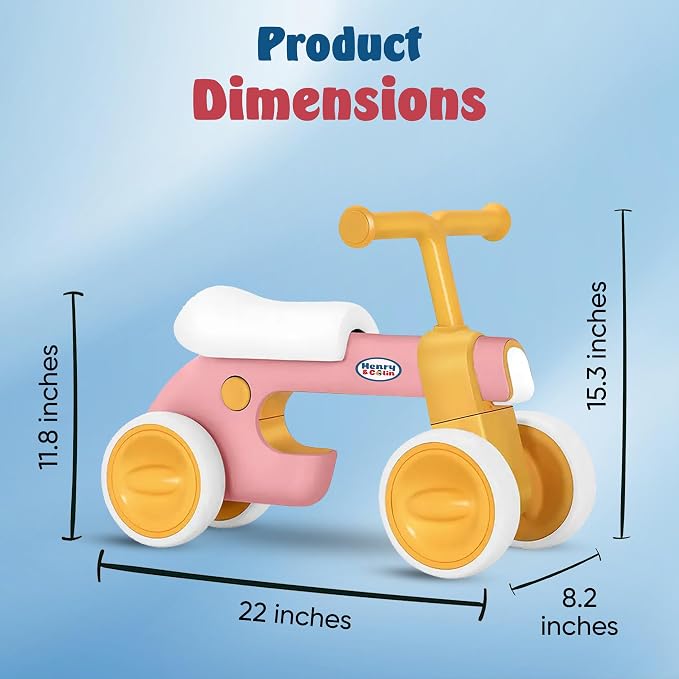 Henry & Colin First Balance Bike for 1 Year Old, 4 Wheel Toddler Bike with Fun Lights & Music, Soft Seat, No-Pedal Ride On Toy, 1st Birthday Gift for Boys & Girls Ages (12–36 Months) Classic Pink