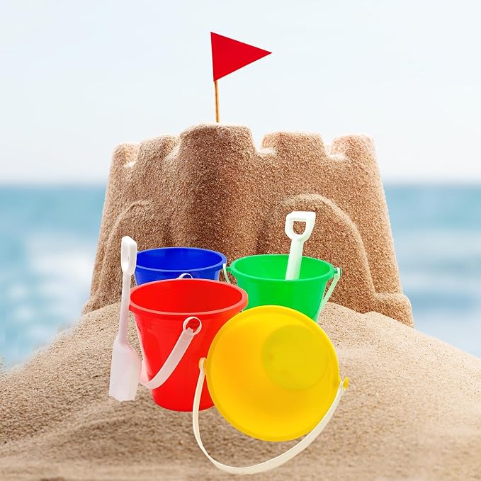 The Dreidel Company Beach Day Playsets, (Pack of 3) 5.25" Sand Bucket Play Set Box Includes, Pail & Shovel Sand Toy for Boys and Girls Birthday Party Favor