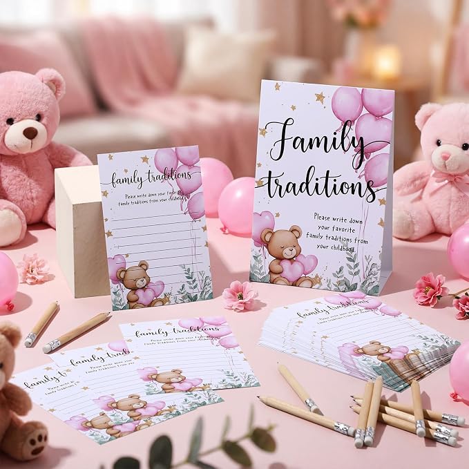 Fumete 61 Pieces Family Tradition Baby Shower Games Include 1 Family Traditions Standing Sign and 50 Activities Cards with 10 Pencils for Gender Reveal Bridal Shower Wedding(Pink,Bear)