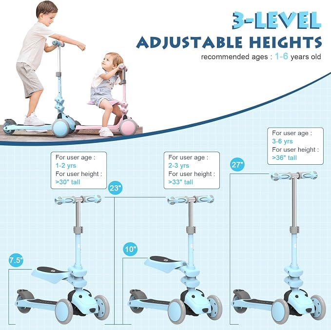 MOUNTALK Kids Scooter for Ages 1-12 Years, 3 Wheels Toddler Scooter for Children Age 1-3/3-5/5-8/8-12 Boys and Girls with Adjustable Heights and LED Wheels