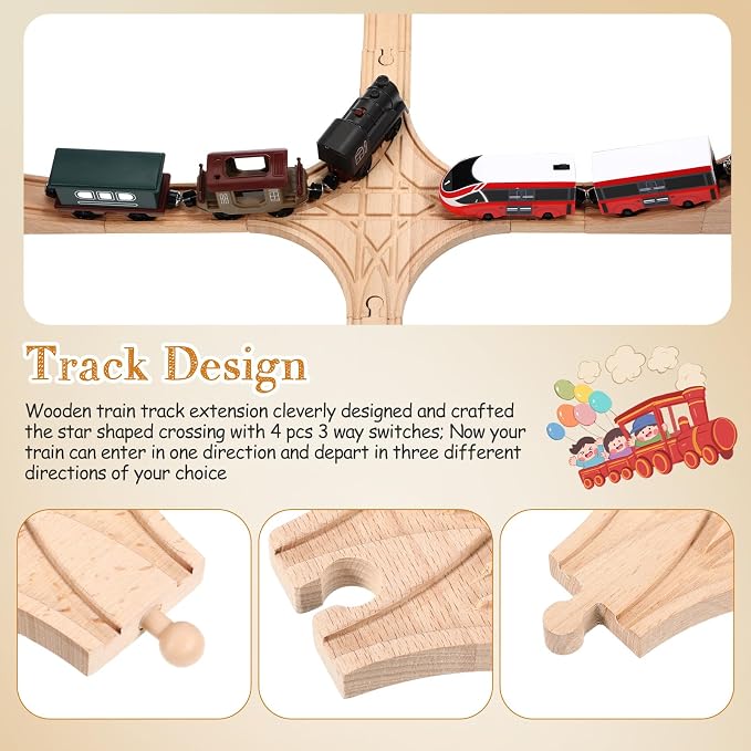 CroBlissful Wooden Train Track Accessories, Forked Wooden Train Tracks Expansion Multi Way Switch Track for Most Major Brand Railway Set