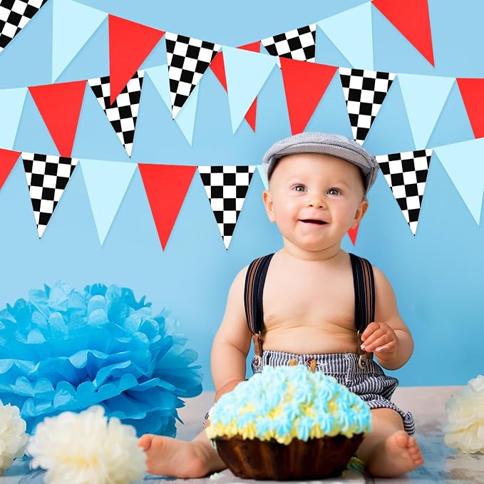 Tiamon 5 Pcs Racing Car Flag Banner Party Decorations Red Blue Black White Checkered Triangle 49.2 Ft Flag Race Car Pennant Banner Garland Streamer for Birthday Baby Shower 2nd Two Fast Party Supply