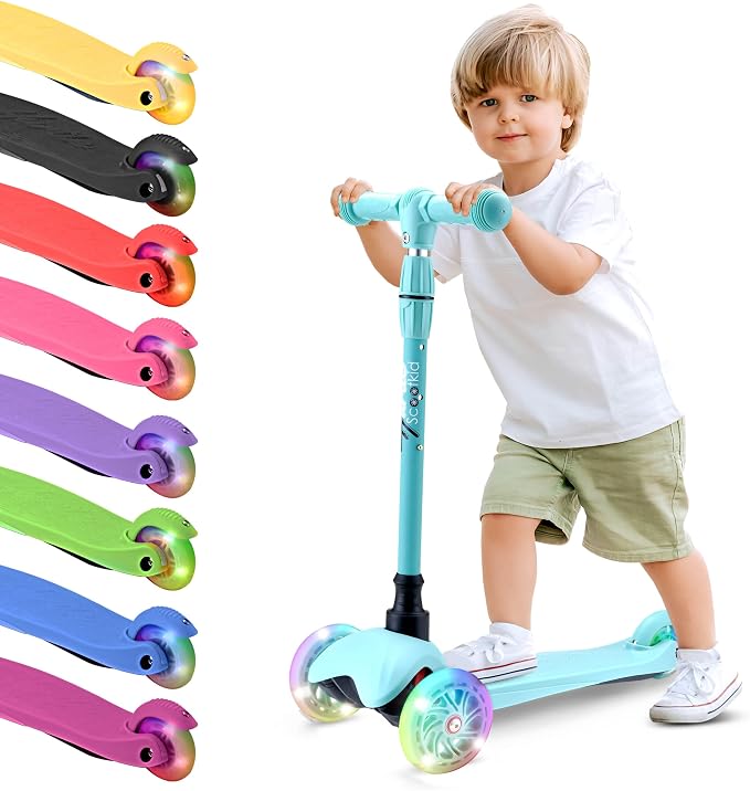 Hurtle Mini Kickboard 3 Wheel Scooter for Kids Ages 2-5 - Lean-to-Steer Toddler Scooter with Light-up LED Wheels, Adjustable Height & Rear Foot Brake for Boys. & Girls, Anti-Slip, Indoor/Outdoor