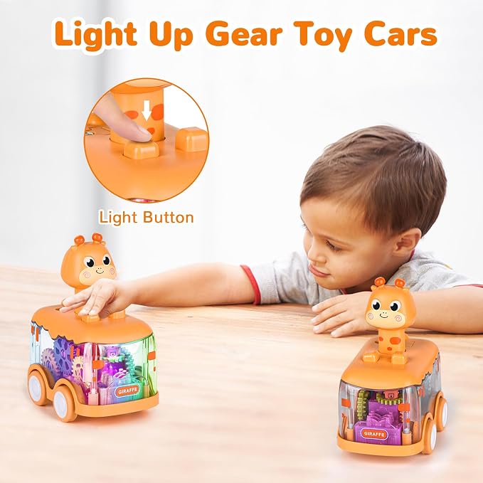 ShinySong Press and Go Car for Toddlers, 2 Pack Light Up Baby Animal Car Toys with Visible Gears, Birthday Gifts for Boys Girls, Giraffe 2PCS