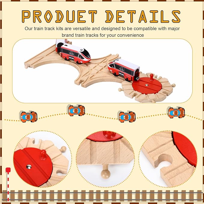 RoundFunny 3 Pcs Wooden Train Track Expansion Set Wooden Train Accessories 8 Way Wood Track Turntable, Forked Rails and Wood T Train Track Compatible with Most Railroad for Table Tabletop Activities